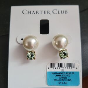 Charter Club Cream Pearl and Light Green Crystal Double Stud Earrings